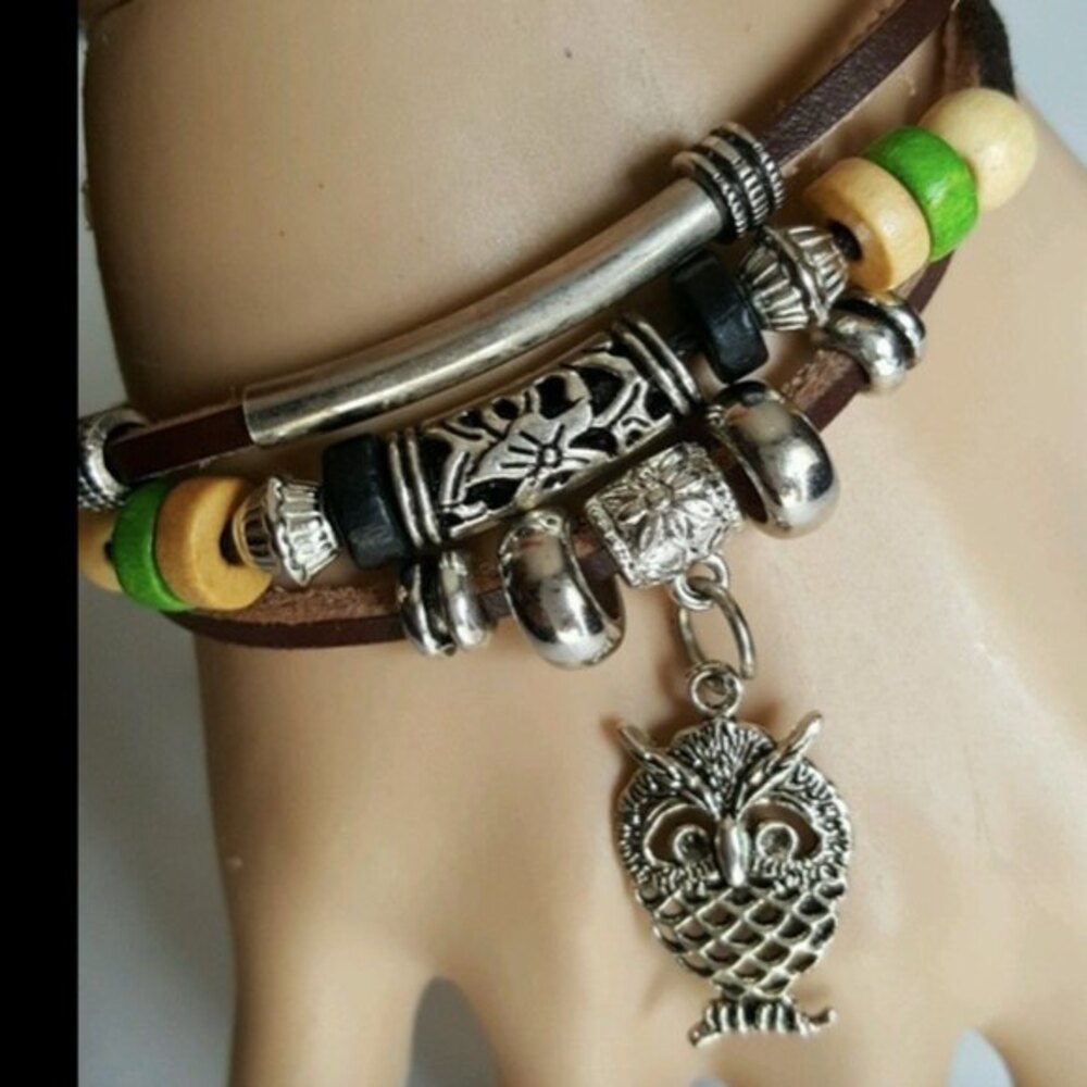 Silver Owl Brown Shamballa Bracelet Adjustable Brown